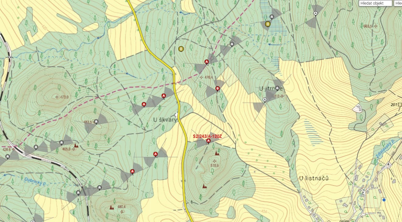 Mapa okolí Zdislavy s vyznačenou polohou objektu S2/243/A-120Z